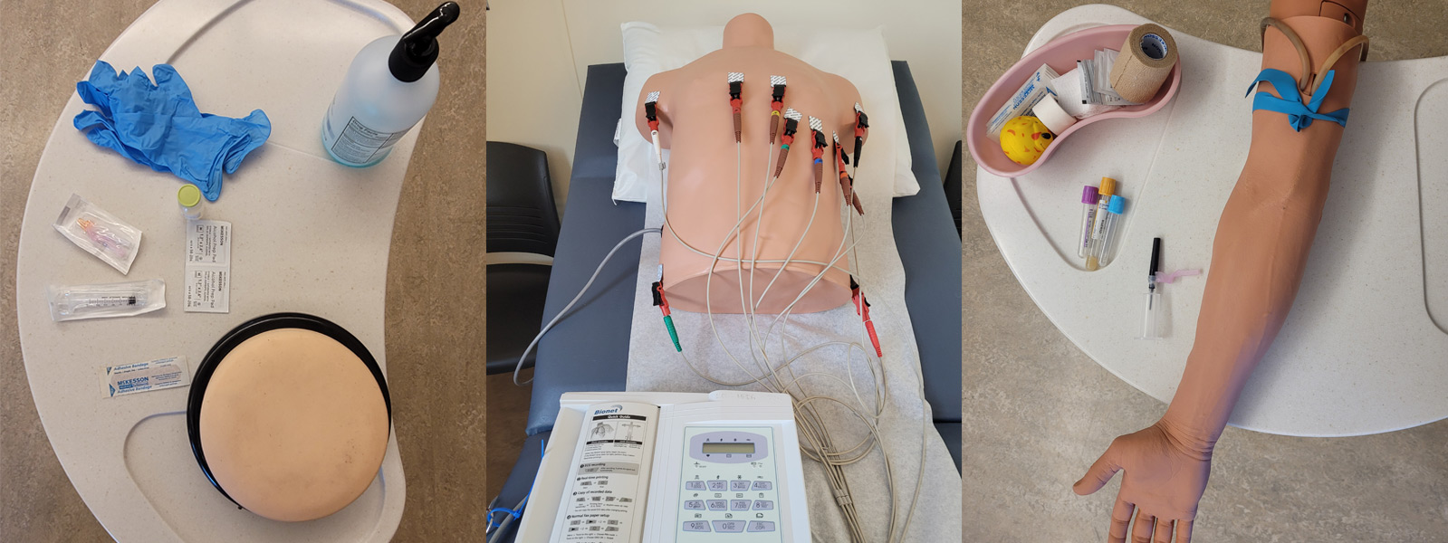 collage of medical assisting images: table with medical supplies; practice torso with wires for testing; pratice arm with IV and band in it.