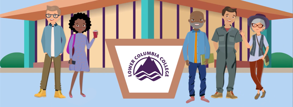 animated graphic, tan building in the background, brown podium in center with Lower Columbia College logo on center of podium. Left podium caucasian male with glasses, african american female carrying backpack. Right of podium, african american male holding book, caucasian male in in mechanics jump suit, caucasian female with gray hair and glasses.