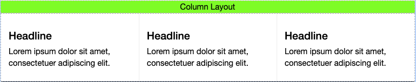 A screenshot of what the '3 Column Layout' snippet looks like in the editor. The caption 'Column Layout' above the table is lime-green, and each column contains dummy data.