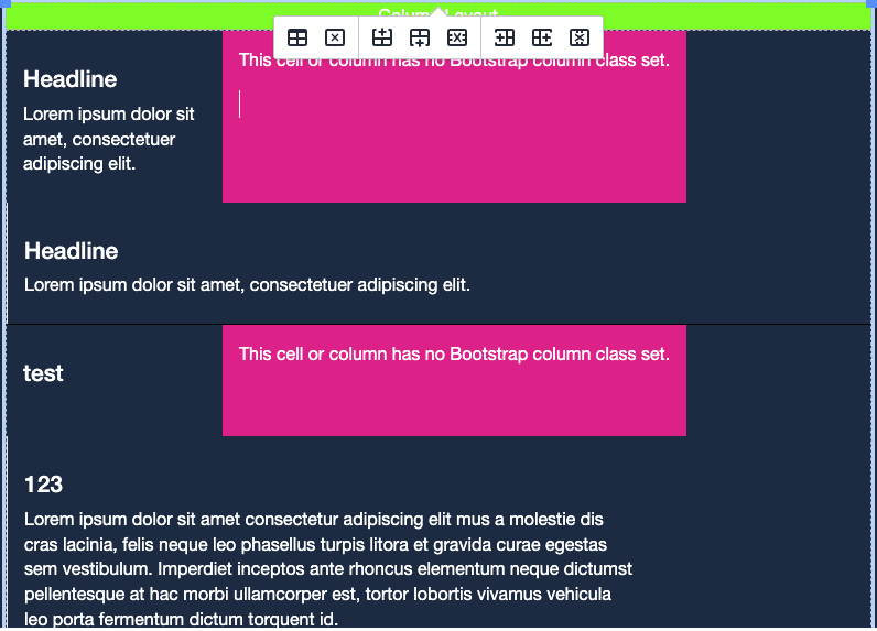 A screenshot of a malformed column layout in the editor. The screenshot was taken right after a new column was added to a 'Column Layout' snippet table, and shows that it has forced the table's rows to wrap in an unusual way.