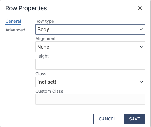 A screenshot of the Table Row Properties dialog. It has the following form fields: Row Type, Alignment, Height, Class, and Custom Class. The form is open to the General Tab, with an inactive Advanced tab.