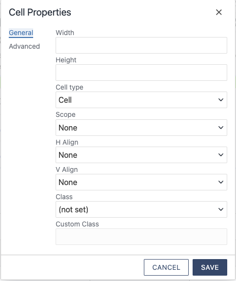 A screenshot of the Table Cell Properties dialog. It has the following form fields: Width, Height, Cell Type, Scope, H Align, V Align, Class, and Custom Class. The form is open to the General Tab, with an inactive Advanced tab.