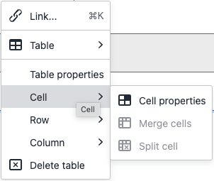 A screenshot of the table Context Menu with the Cell Menu active showing 3 items: Cell Properties, Merge Cells, and Split Cells. Only the first item in the submenu is enabled.