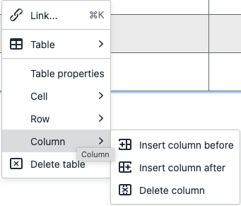 A screenshot of the Table Context Menu with the Column Menu active showing 3 items: Insert column before, Insert column after, Delete column.