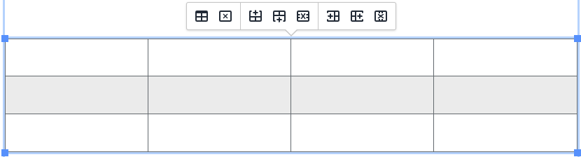A screenshot of a table in the Omni CMS editor with 4 columns and 3 rows, the first and last rows are white and the middle row is gray. There is a popup menu above the table with 8 buttons laid out horizontally in 3 groups. The first is a group of 2, the others two groups are groups of 2.