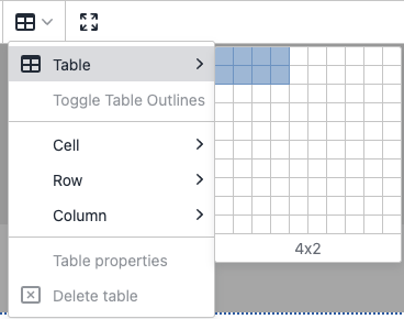 A screenshot of the table tool menu in the toolbar in edit mode of Omni CMS. The "Table" option of this menu is hovered, open to a grid from which the number of table rows and columns to be inserted can be selected.