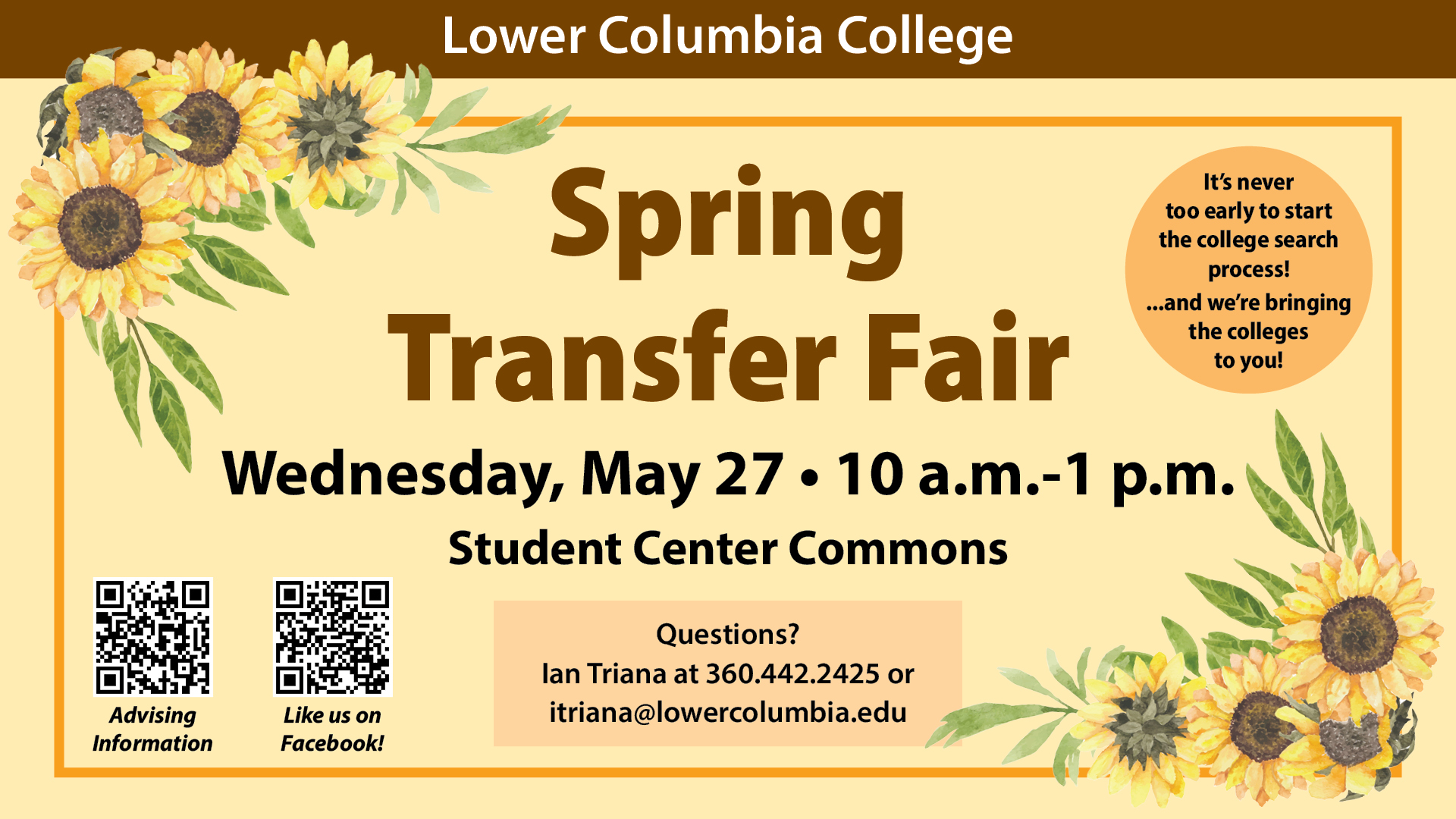 Spring time flowers background and event information for the Spring 2026 Transfer Fair on May May 27th from 10am-1pm at the LCC Student Center