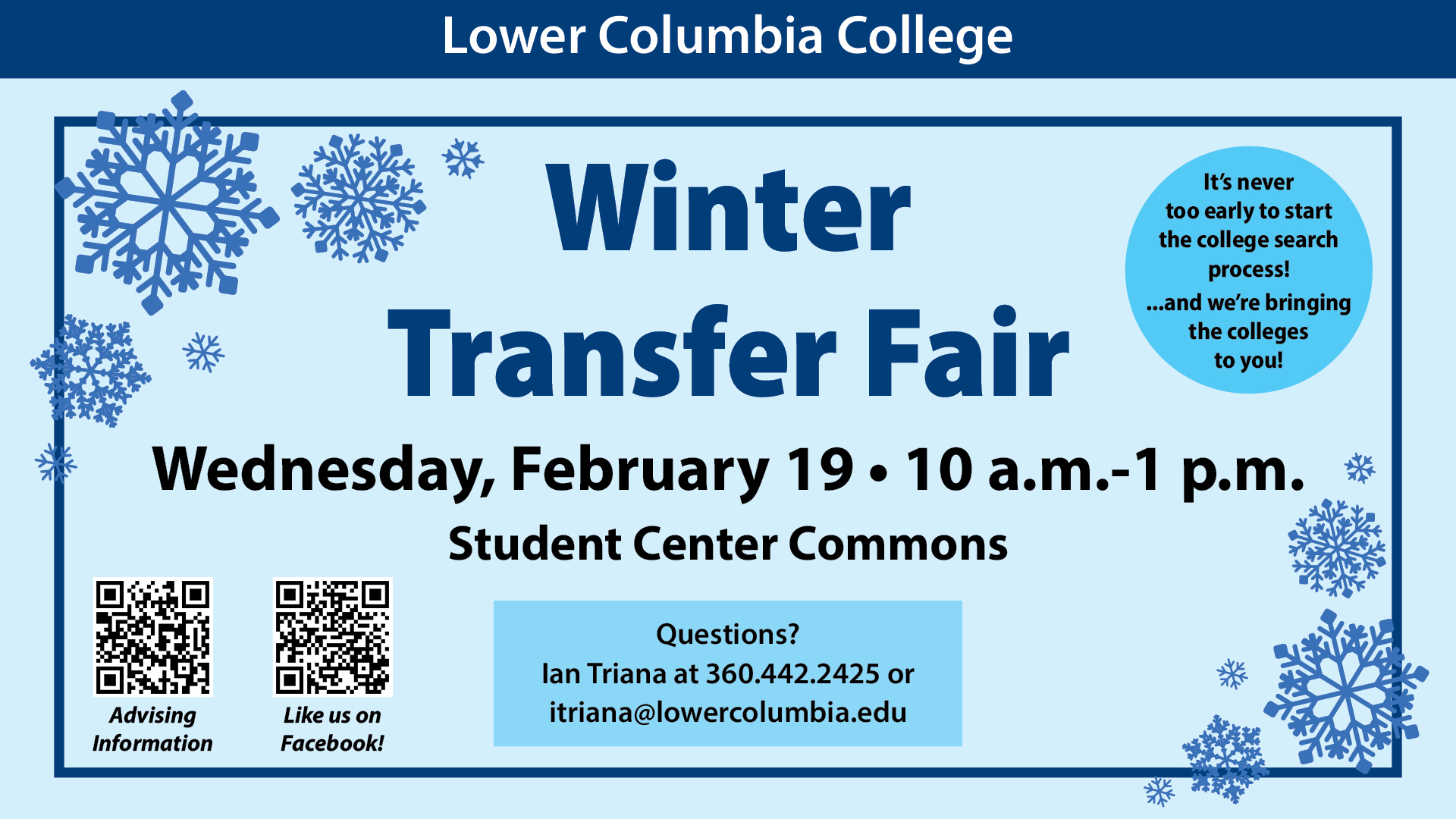 Winter transfer Fair Feb 19th 10am-1pm in the Student Center