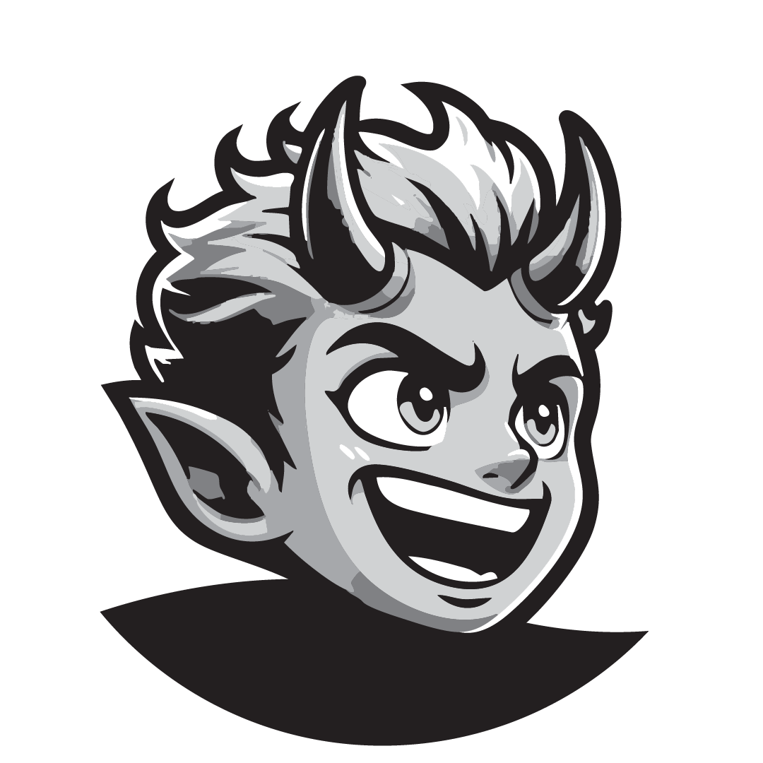 flare mascot logo. Small devil boy with horns smiling and looking off into the distance
