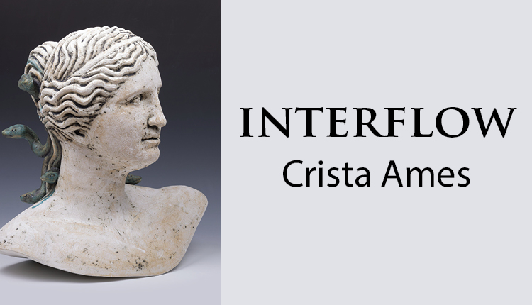stone bust of female with leaves in hair with words to the right "Interflow, Crista Ames"