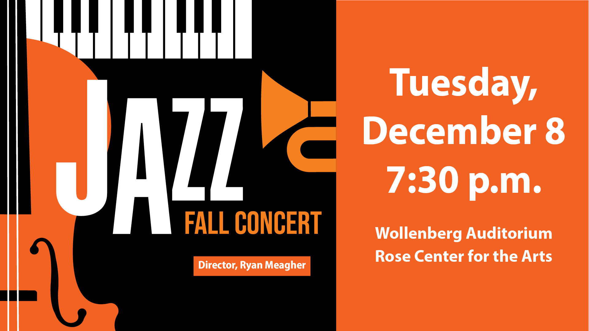 Orange violin and trumpet with piano keys above announcing a jazz fall concert on Tuesday, December 8 at 7:30 p.m.