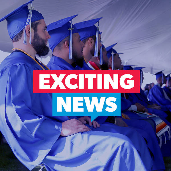 students in blue cap and gowns sitting in a row of chairs with title banner "Exciting News"