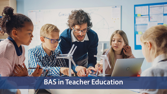 Male teacher showing four young children how to do an experiment with a banner Bachelor of Applied Science Teacher Education