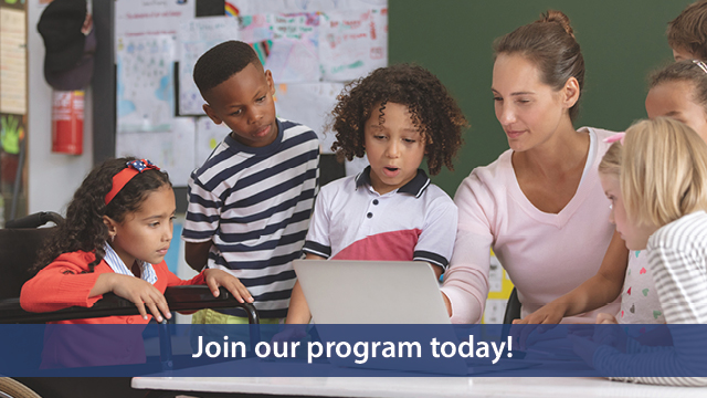 Female teacher at a desk with a laptop showing a group of students something on the laptop. Image has a banner saying, Join our program today!