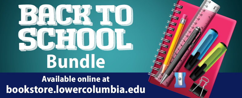 blue center gradient background with text that reads "Back to school bundle" and a dark blue banner on the bottom that reads "available online at Bookstore.lowercolumbia.edu" and a pile of school supplied on the right side of the image including: pink spiral notebook, wood pencil, mechanical pencil, clear ruler, pencil sharpener, blue and yellow highlighter, and a binder clip.