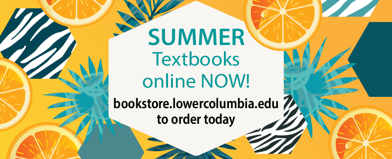 orange backgroung with lemons, polygon shapes and plant silhouettes in blue/green. Text with white background, "Summer texbooks online now!"