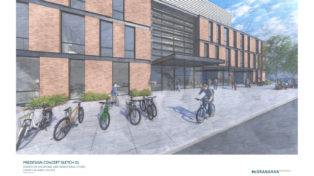 digital rendering of new vociational building. brick building, 3 stories, large windows, and bikes out front