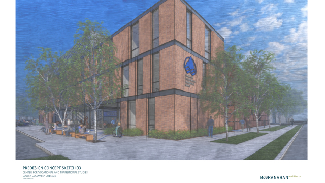 sketch of new vocational building. three story brick building with tall windows, benches out front, trees and a larg LCC logo on side of building