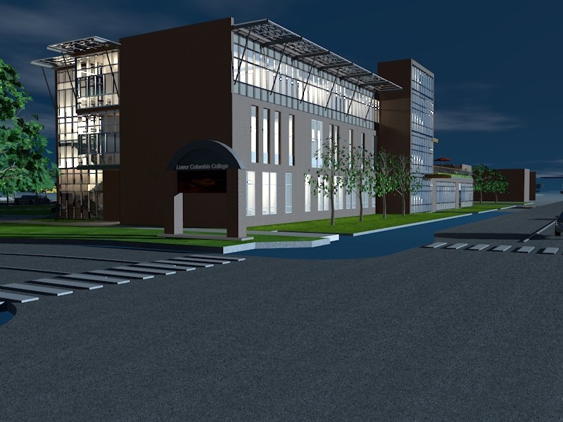 concept sketch of new vocational building, brick building with large windows, night view