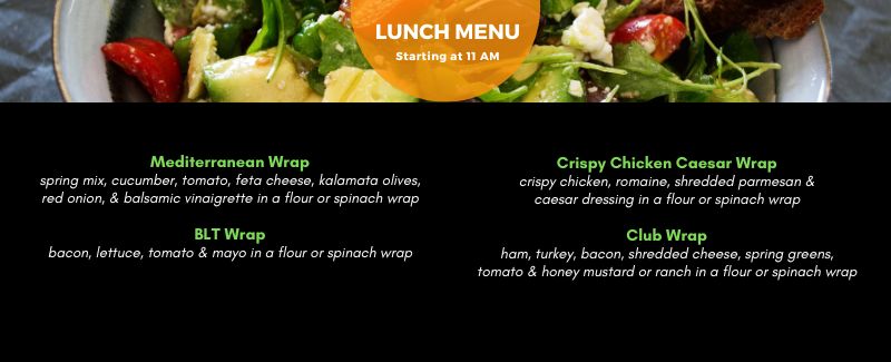 lunch menu continued: mediterranean wrap, BLT wrap, crispy chicken ceasar wrap, club wrap