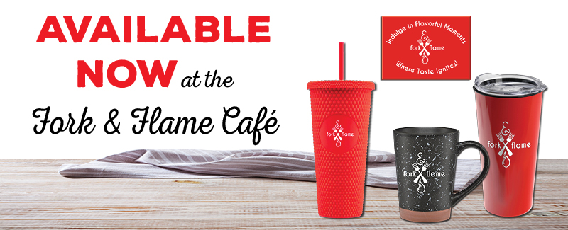 available now at the fork & Flame cafe: reusable cup with straw, mug, coffee cup, cup sleeve
