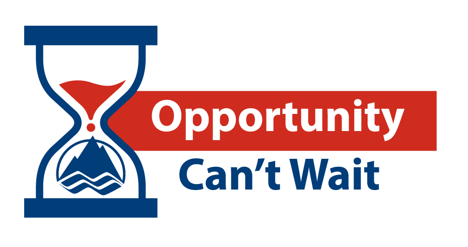 hourglass silhouette with LCC logo in bottom section and ltitle "Opportunity can't wait" in red text to the right of the hourglass.