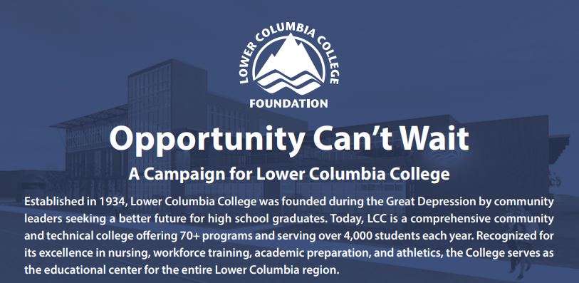 blue overlay on image with building behind it. LCC logo and Opporunity Can't Wait title and description of the campaign.