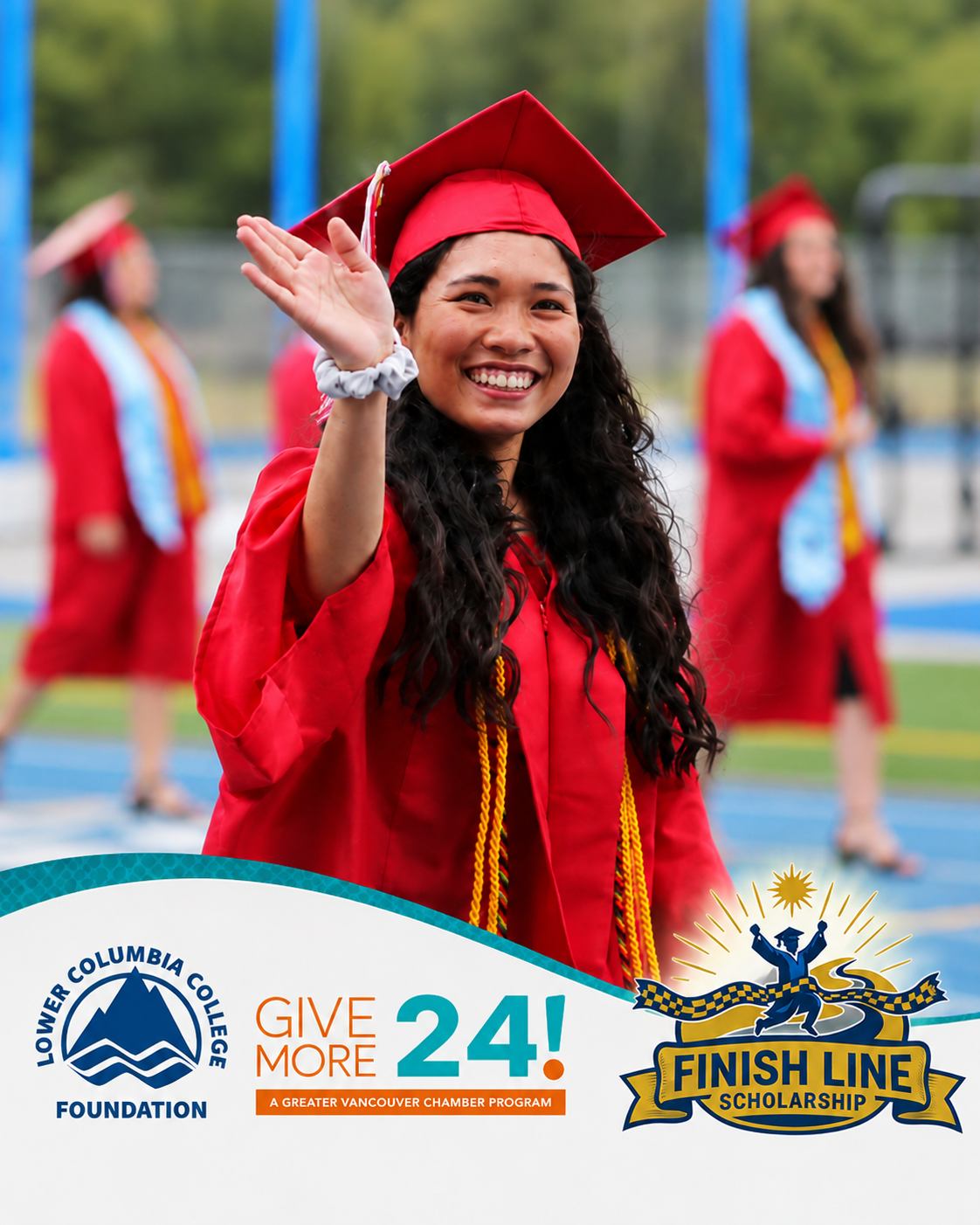 A smiling LCC graduate in a red cap and gown waves at the camera during commencement, with other graduates in the background. Lower Columbia College Foundation, Give More 24!, and Finish Line Scholarship graphics appear along the bottom.
