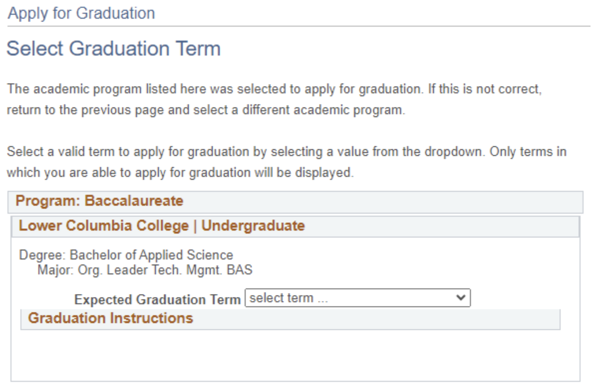 Select Graduation Term screen.