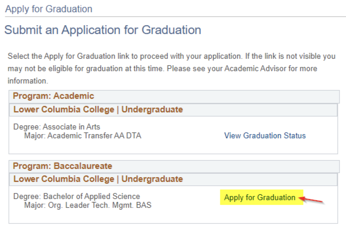 Submit an Application for Graduation screen with Apply for Graduation link highlighted.