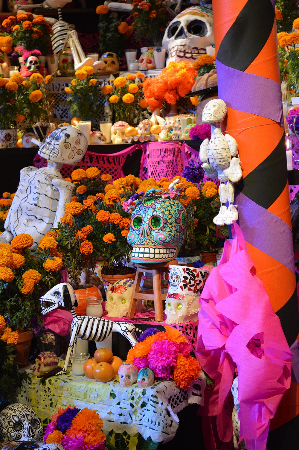 a dia de los muertos shrine with marigolds, fruit, painted skulls, and orange, black, and purple decor