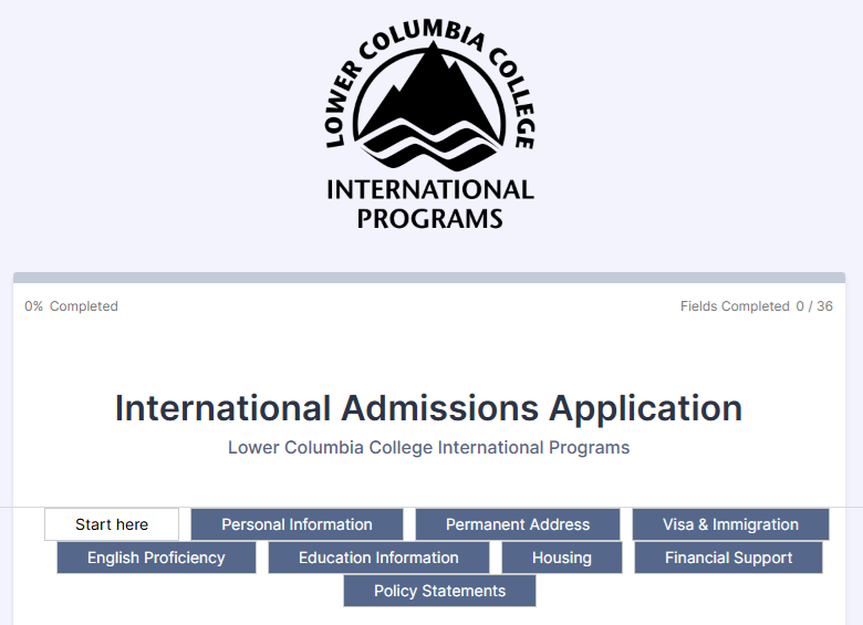 International Admission Application screen shot