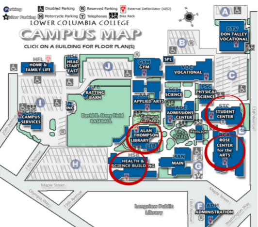 Lower Columbia College Campus Map with 4 biulding circled