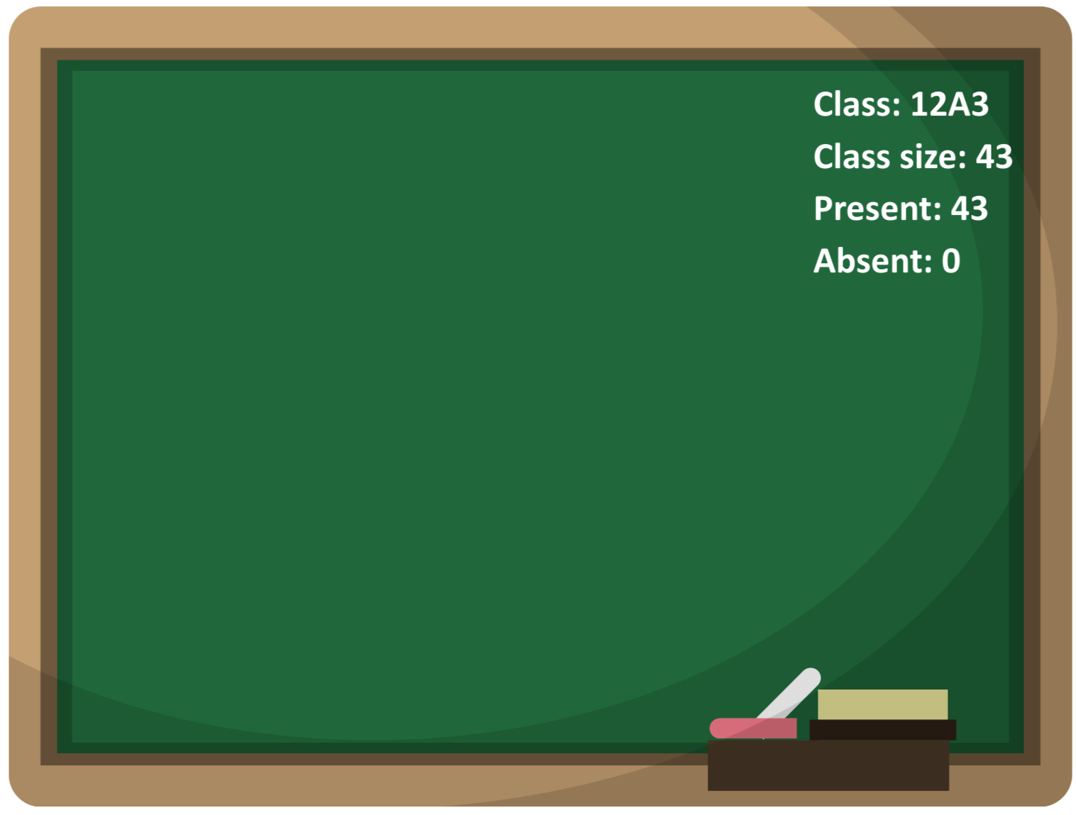 Green Chalkboard with a brown wood boarder and information written on the top right corner of the board
