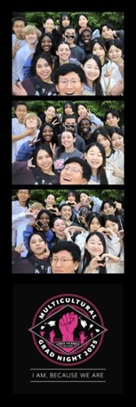 Photo booth ticket image with international program students. Three photo booth style images, black background and the Multicultural Grad night 2025 logo