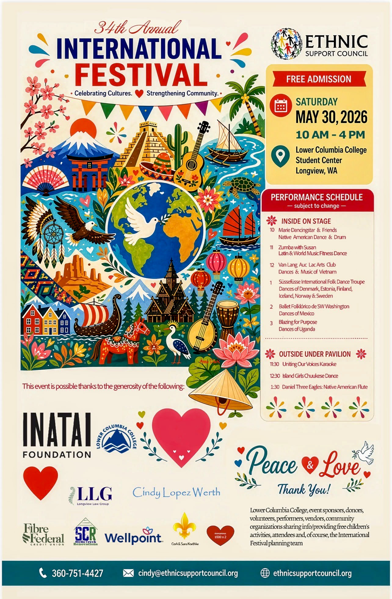 Flyer for the 34th Annual International Festival hosted by the Etnic Support Council on Saturday, May 30th, 2026