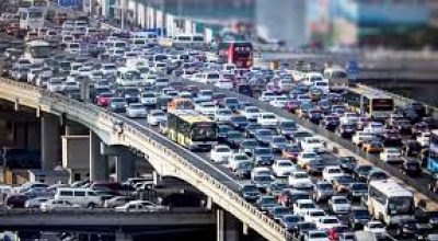City overpasses in gridlock with cars stuck in traffic
