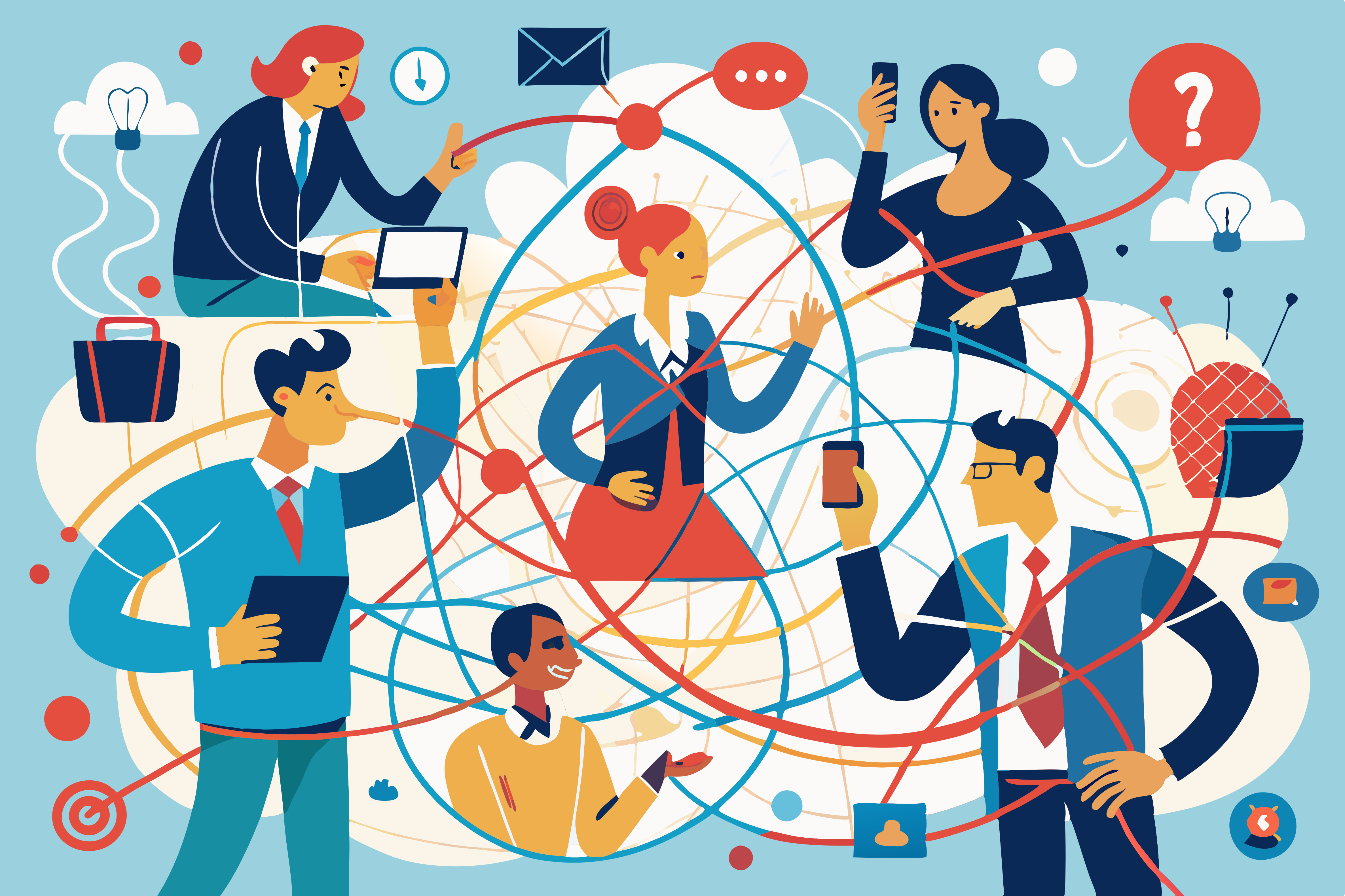 info graphic image of people on electronic devices with clouds and icons to inicate thinking, messaging, and communication from one to another. 
