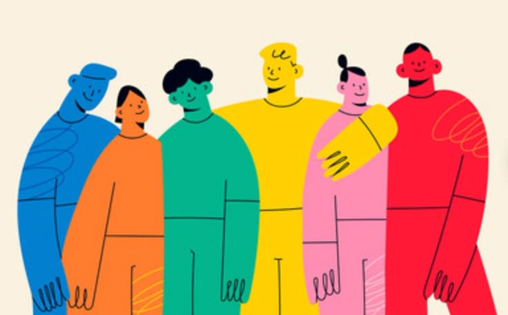 multi figure drawings od people standing together smiling, looking at one another, and arms around one another