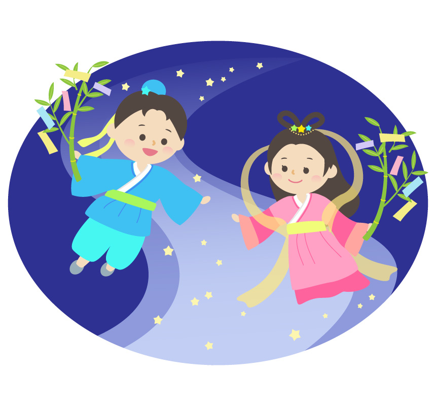 Cartoon of two children in traditional clothing holding bamboo branches with paper strips, floating among stars against a night sky.