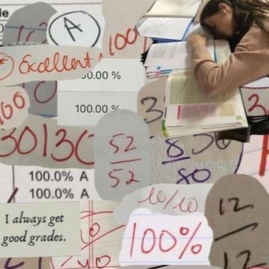 collage of students scores and grades with a student sleeping on a textbook in the top right corner of the image