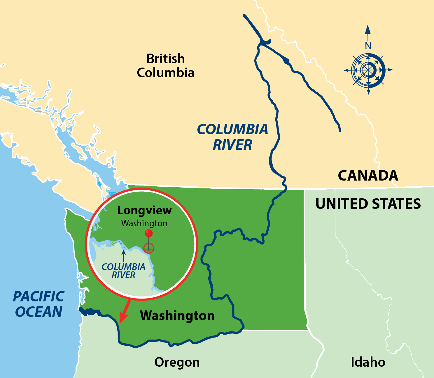 A map showing the location of Longview, Washington next to the Columbia River which travels from the Pacific Ocean along the border of Washington and Oregon before travelling north into British Columbia.