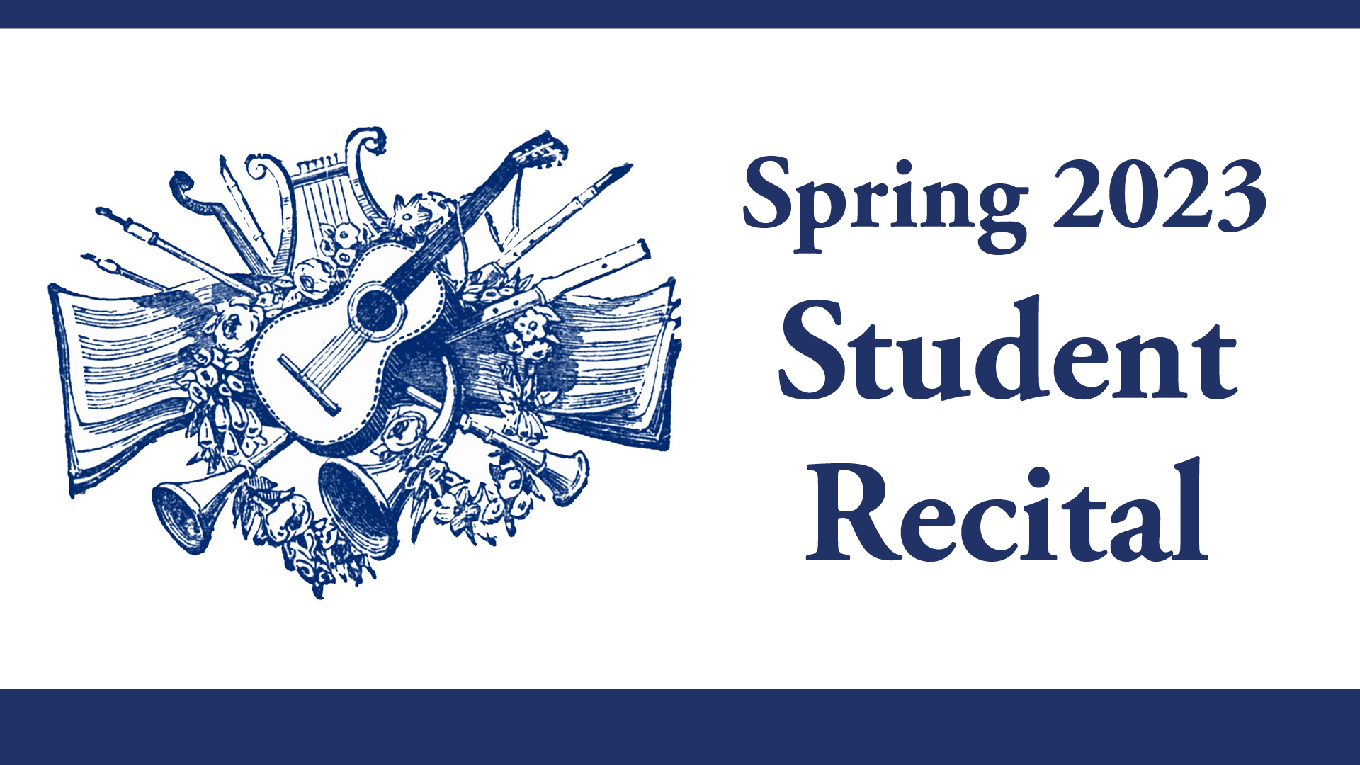 Spring 2023 recital, white background with blue text and image of instruments silhouettes