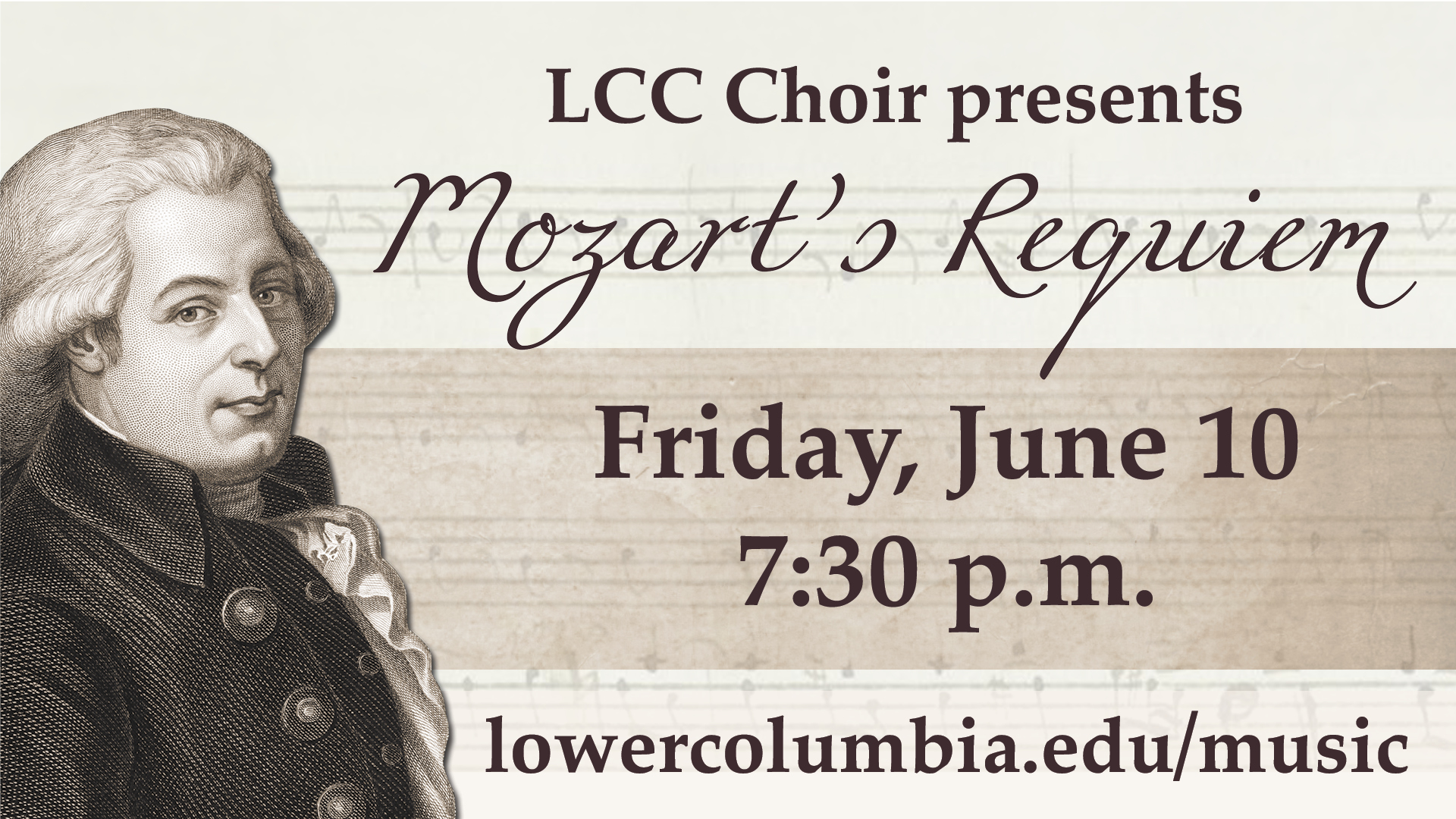 Earth tone poster with picture of mozart for LCC choir , mozart requiem June 10, at 7:30pm
