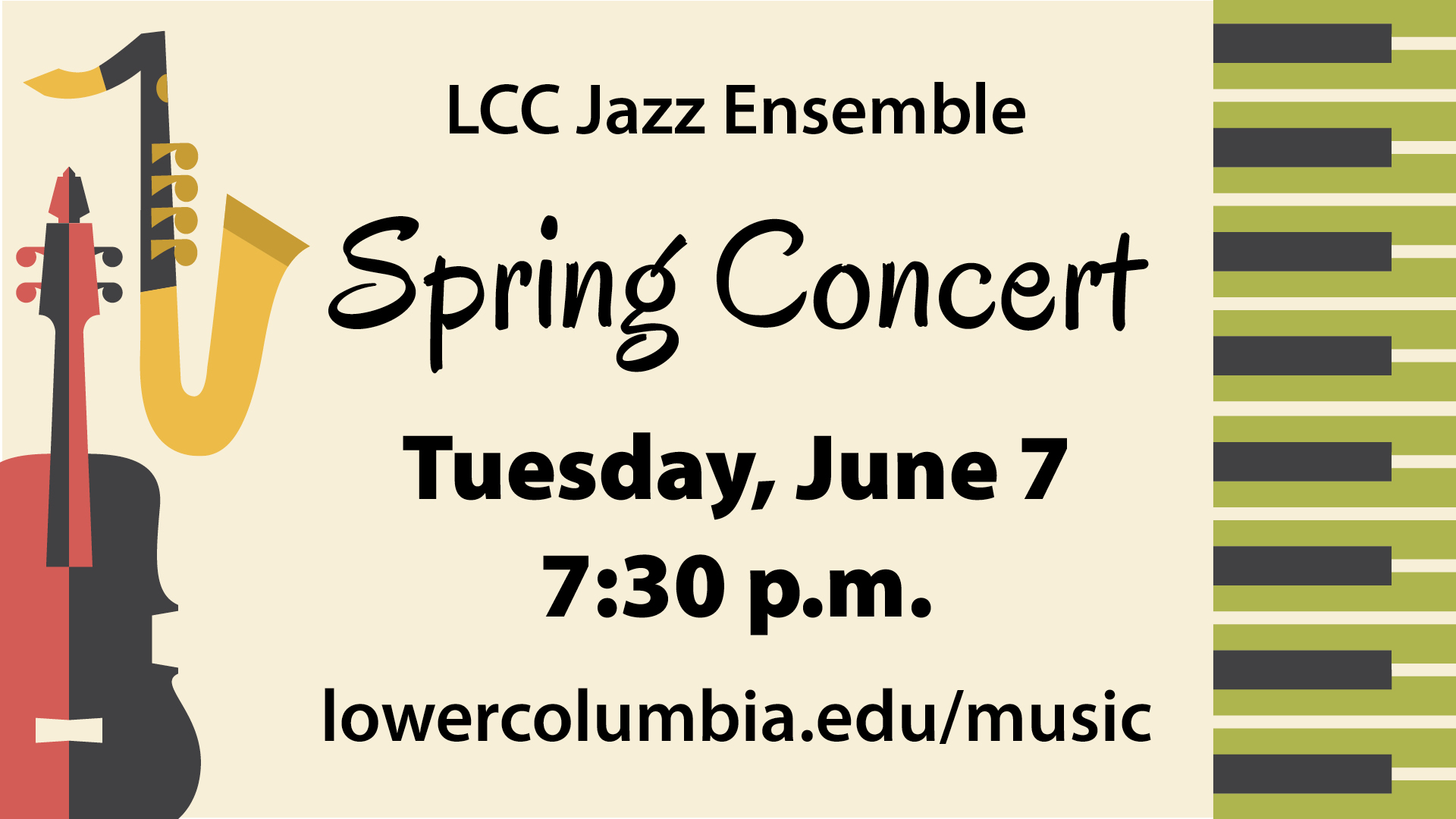 Multi color jazz poster with instruments and green piano keys for Spring Jazz concert, June 7 at 7:30pm