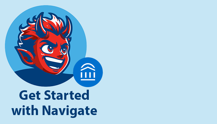 Light blue background and on the left side is the LCC Mascot Flare with the words Get Started with Navigate and the blue navigate logo