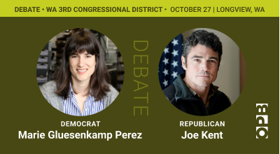 Candidates for Washington’s 3rd Congressional District seat will participate in a live, hour-long debate on October 27 at 6:00 p.m. in Lower Columbia College’s Wollenberg Auditorium during an event hosted by Oregon Public Broadcasting’s (OPB’s) “Think Out Loud” radio program. The candidates are Democrat Marie Gluesenkamp Perez and Republican Joe Kent.