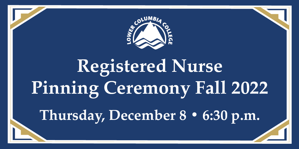 blue banner with gold corners that says "registered nursing pinning ceremony fall 2022 thursday december 8 6:30pm"