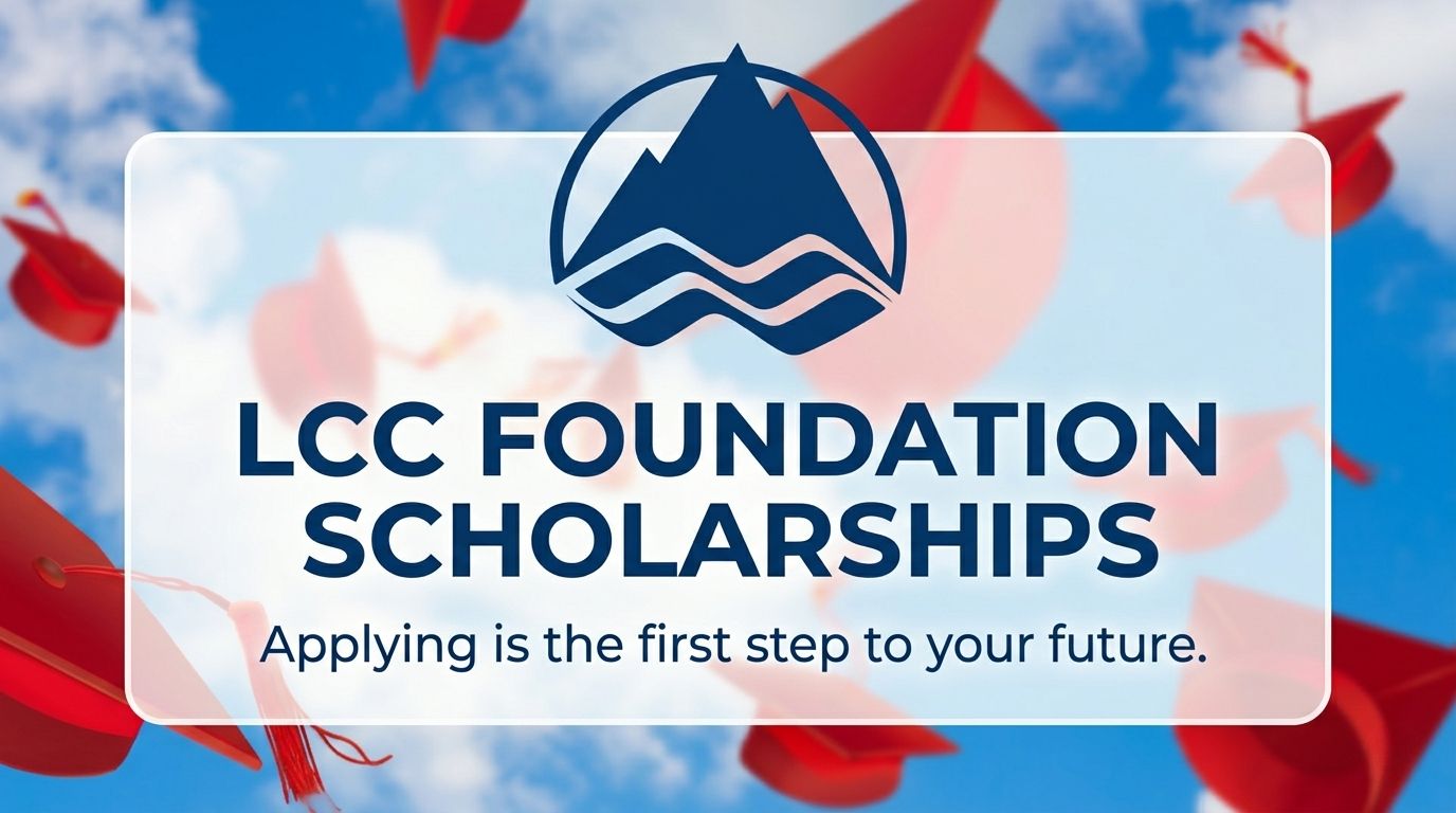 red graduation caps falling from the air with a blue sky and clouds background with special text "LCC Foundation Scholarships! Applying is the first step to your future."