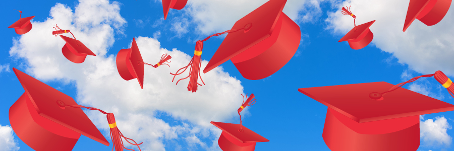 background of blue sky and clouds with red graduation caps falling through the air